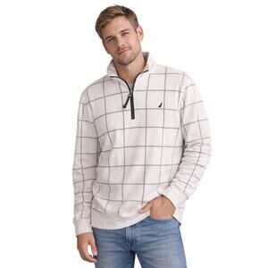 Nautica Quarter Zip Pullover White Grid Print Fleece Size XXL
